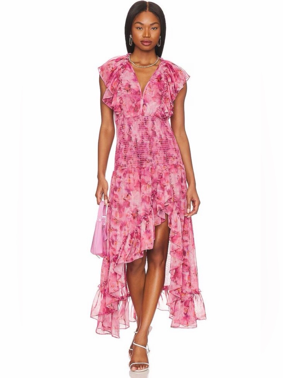 Misa Los Angeles âBoâ Dress Pink Floral Ruffle High Low Maxi Xs